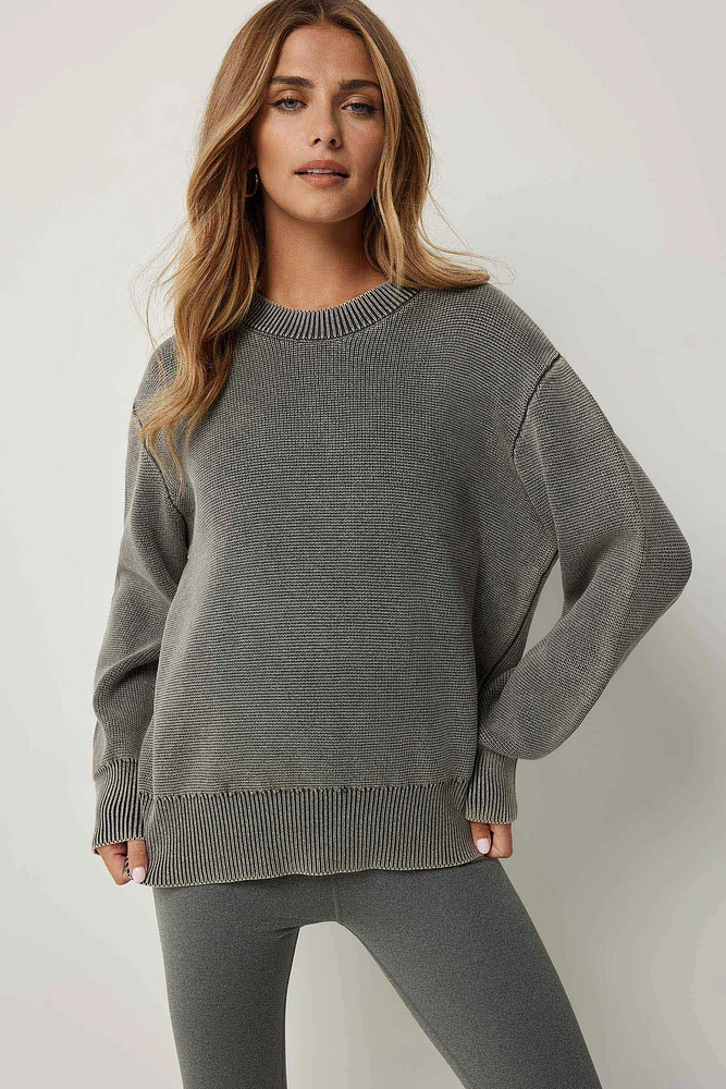 Ardene Washed Long Crew Neck Sweater in Grey | Size | 100% Cotton