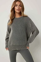 Ardene Washed Long Crew Neck Sweater in Grey | Size | 100% Cotton