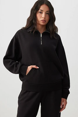 Ardene Washed Half Zip Sweatshirt in Black | Size | Polyester/Cotton | Fleece-Lined