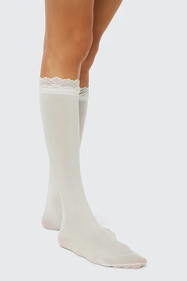 Ardene Knee High Socks with Lace Trim in White | Nylon/Spandex