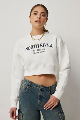 Ardene Crop Destination Sweatshirt in White | Size | Polyester/Cotton | Fleece-Lined