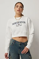 Ardene Crop Destination Sweatshirt in White | Size | Polyester/Cotton | Fleece-Lined
