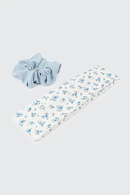 Ardene Floral Headband & Scrunchie Set in Light Blue | Polyester/Elastane