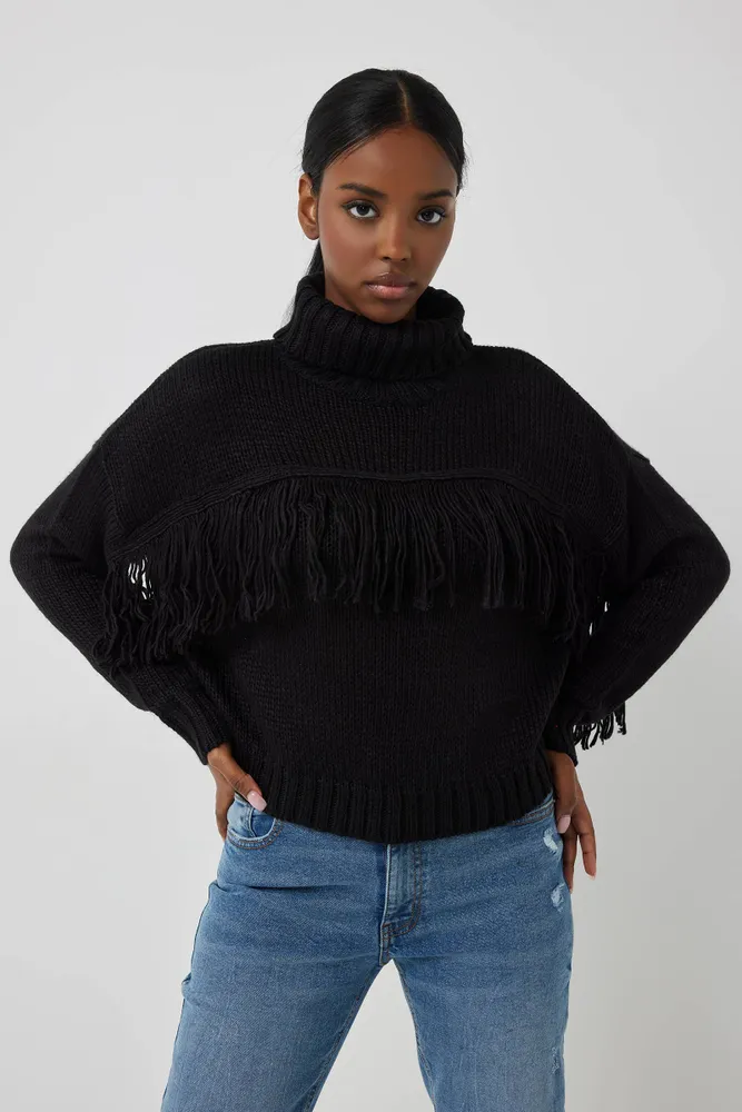 Ardene Turtleneck with Fringes in Black | Size | 100% Acrylic