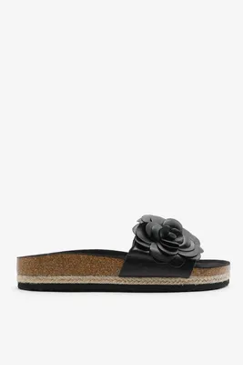 Ardene 3D Flower Sandals in Black | Size | Faux Leather/Faux Suede/Rubber