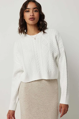 Ardene Crop Cable Knit Sweater in White | Size | 100% Recycled Polyester | Eco-Conscious