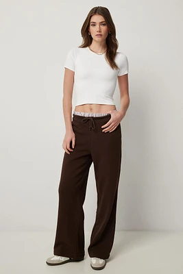 Ardene Boxer Waistband Wide Leg Sweatpants in Brown | Size | Polyester/Cotton | Fleece-Lined