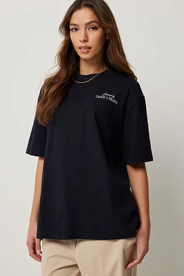 Ardene Printed Oversized T-Shirt in Dark Blue | Size | 100% Cotton