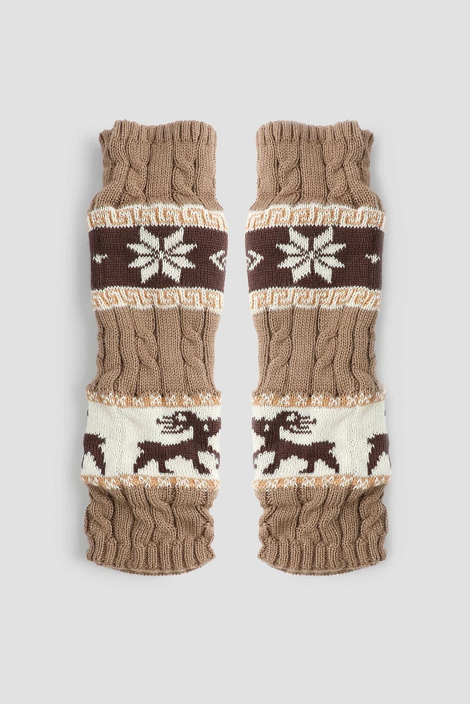 Ardene Snowflake & Moose Leg Warmers in Brown | Polyester