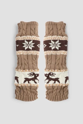 Ardene Snowflake & Moose Leg Warmers in Brown | Polyester