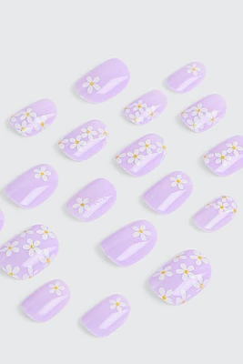Ardene Kids 20-Pack Floral Fake Nails in Lilac