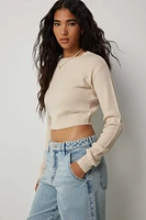 Ardene Crop Crew Neck Sweater in Beige | Size | 100% Acrylic