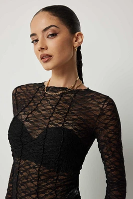 Ardene Long Sleeve Lace Top in Black | Size