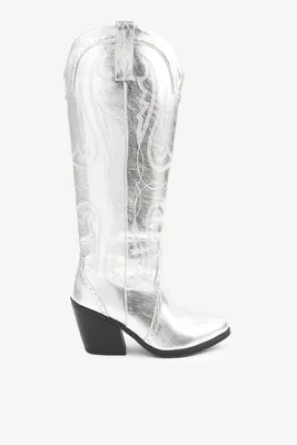 Ardene A.C.W. Cowboy Inspired Boots in Silver | Size | Faux Leather/Rubber