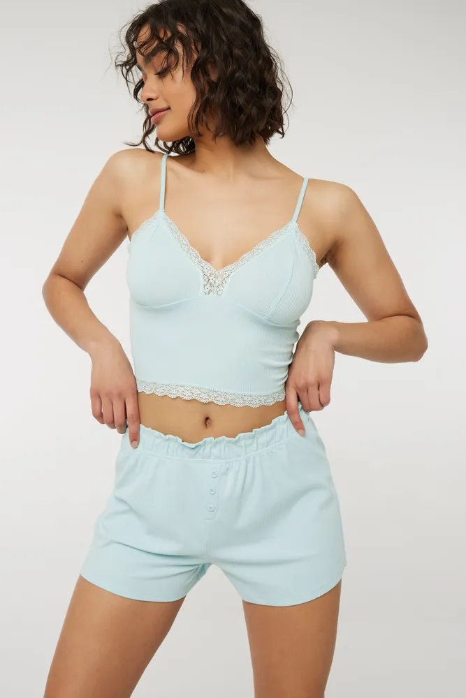 Ribbed PJ Shorts with Lace Trim