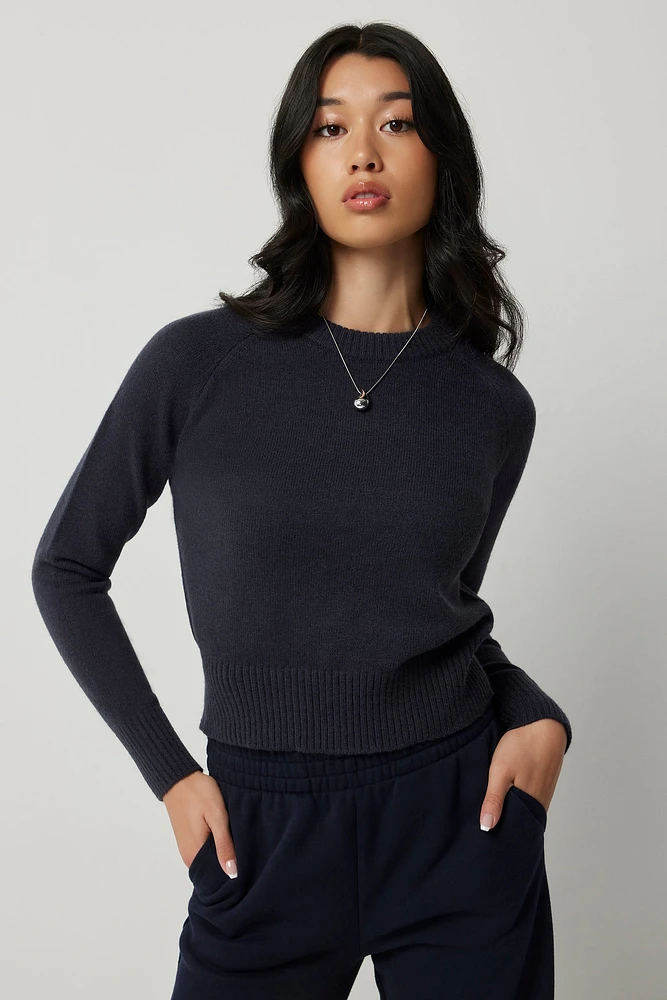 Ardene Short Ragaln Crew Neck Sweater in Dark Blue | Size | Polyester/Nylon