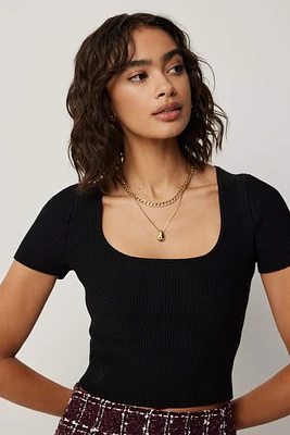 Ardene Shape Knit Crop Square Neck T-Shirt in | Size | Nylon/Elastane