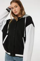 Ardene Hooded Varsity Jacket in Black | Size | Polyester