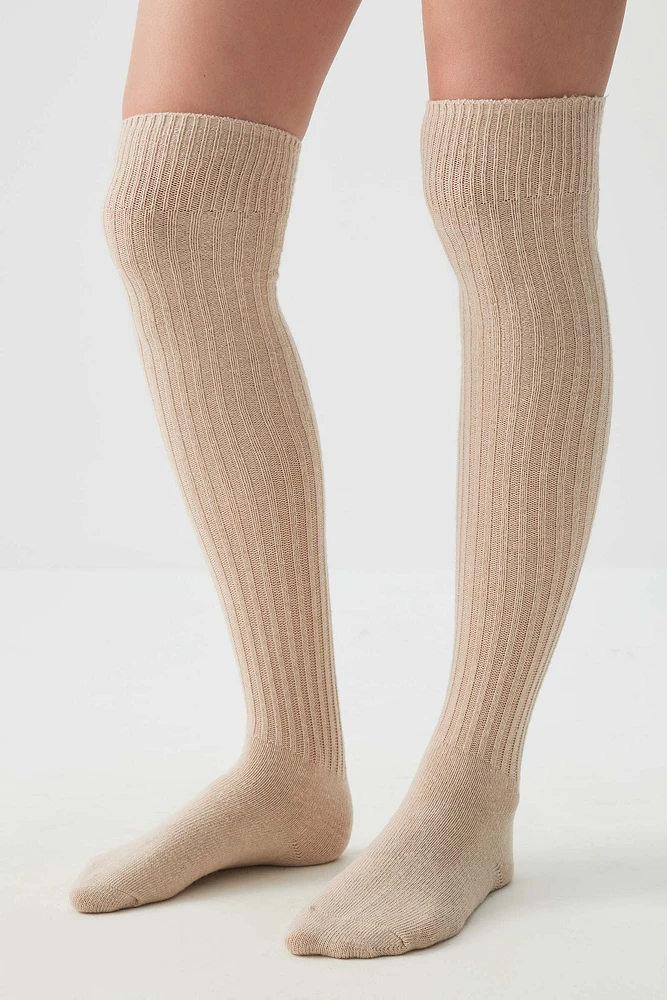 Ardene Ribbed Over-the-Knee Socks in Beige | Polyester/Spandex