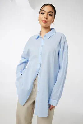 Ardene Striped Long Button-Up Shirt in Light Blue | Size | 100% Cotton