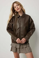 Ardene Oversized Faux Leather Jacket in Brown | Size | Faux Leather/Polyester