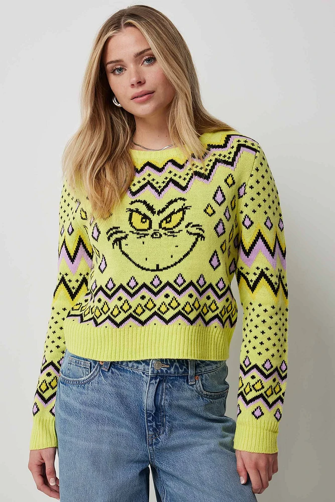 Ardene Crop The Grinch Ugly Christmas Sweater in Light Green | Size | 100% Acrylic