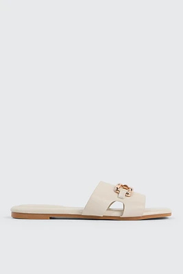 Ardene Square Toe Flat Sandals with Metal Ornament in Beige | Size | Faux Leather | Eco-Conscious