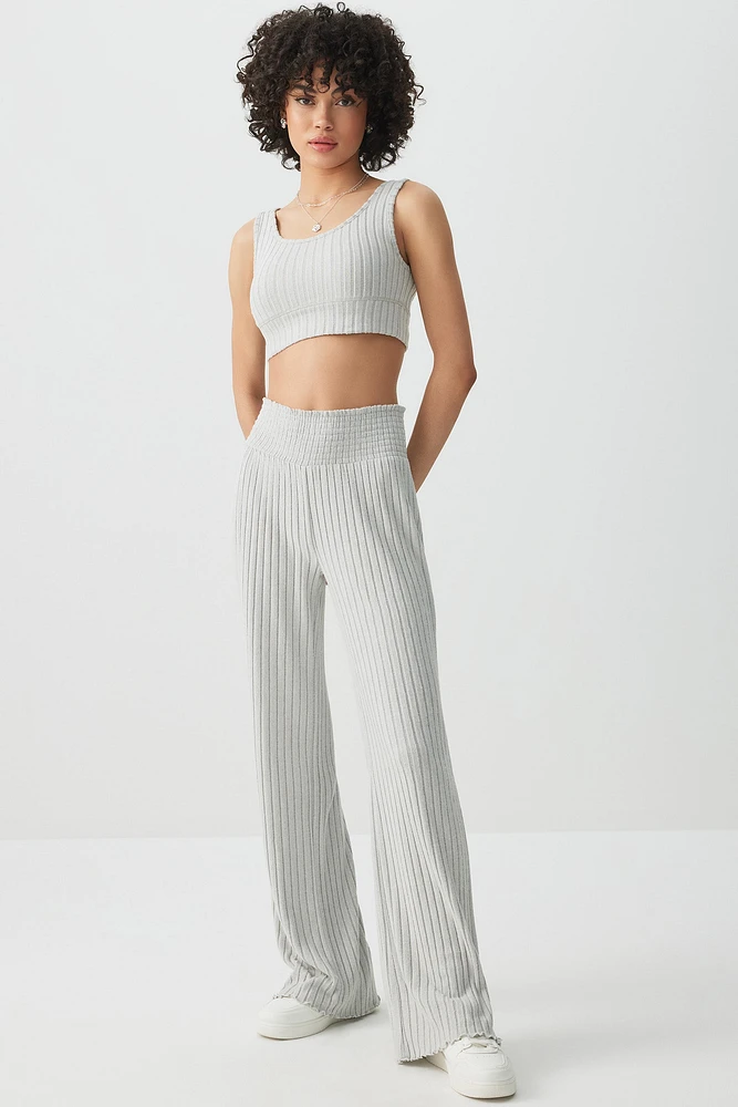 Ardene Smocked Waist Soft Rib Pants in Light Grey | Size | Polyester/Spandex