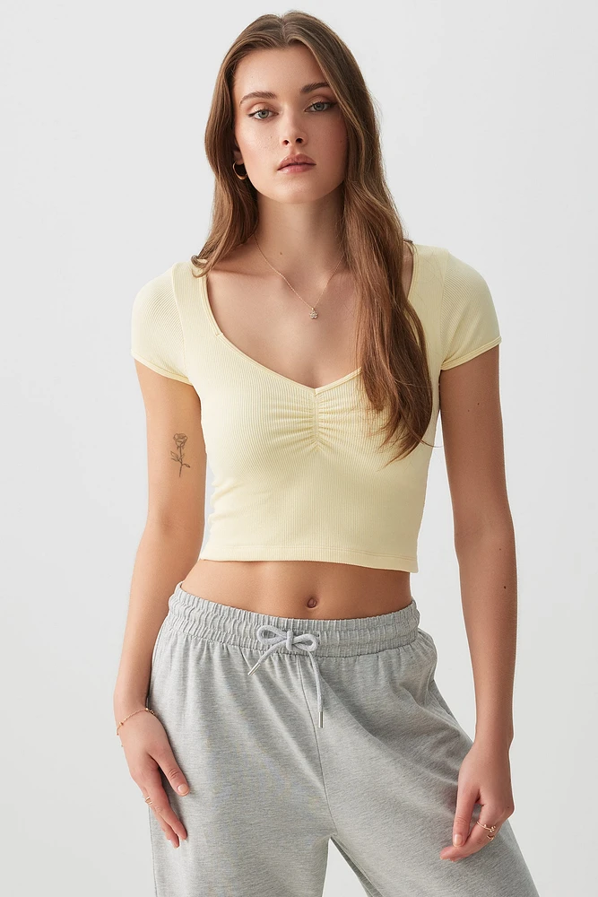 Ardene Seamless Ruched Front T-Shirt in Light Yellow | Size | Nylon/Elastane