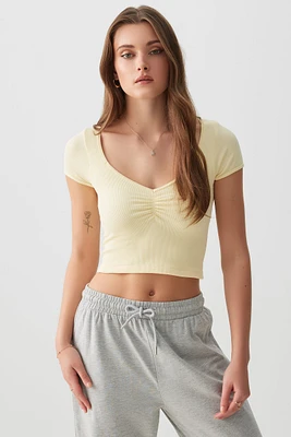 Ardene Seamless Ruched Front T-Shirt in Light Yellow | Size | Nylon/Elastane