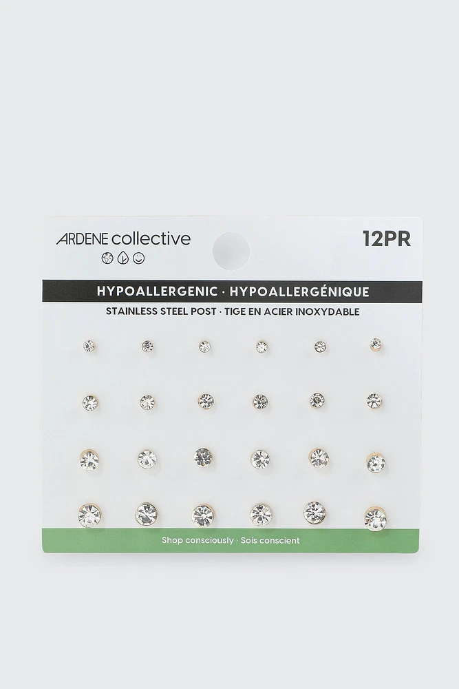 Ardene 12-Pack Crystal Stud Earrings in Gold | Stainless Steel | Eco-Conscious