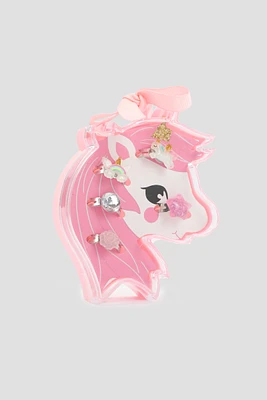 Ardene 5-Pack Rings with Unicorn Case in Light Pink