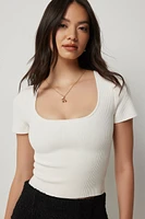 Ardene Shape Knit Crop Square Neck T-Shirt in White | Size | Nylon/Elastane