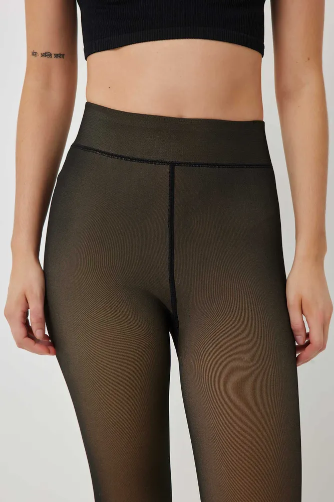 Ardene Fleece Lined Translucent Leggings in Black, Polyester/Nylon/Spandex