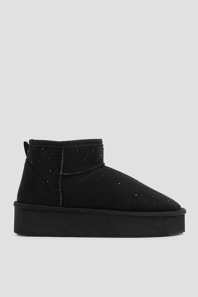 Ardene Platform Faux Sheepskin Boots with Rhinestones in Black | Size | Faux Suede | Eco-Conscious | Microfiber