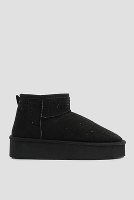Ardene Platform Faux Sheepskin Boots with Rhinestones in Black | Size | Faux Suede | Eco-Conscious | Microfiber