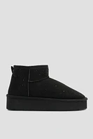Ardene Platform Faux Sheepskin Boots with Rhinestones in Black | Size | Faux Suede | Eco-Conscious | Microfiber