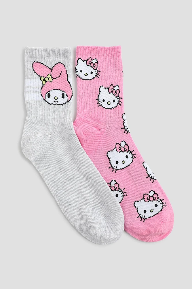 Ardene 2-Pack Hello Kitty Crew Socks in Light Pink | Polyester/Spandex/Rubber