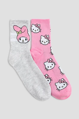 Ardene 2-Pack Hello Kitty Crew Socks in Light Pink | Polyester/Spandex/Rubber