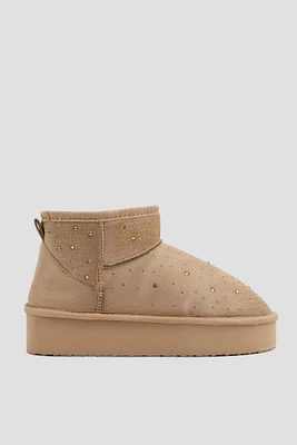 Ardene Platform Faux Sheepskin Boots with Rhinestones in Beige | Size | Faux Suede | Eco-Conscious | Microfiber