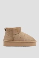 Ardene Platform Faux Sheepskin Boots with Rhinestones in Beige | Size | Faux Suede | Eco-Conscious | Microfiber