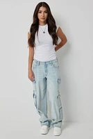 Ardene Low Rise Wide Leg Cargo Jeans in Light Blue | Size | 100% Cotton