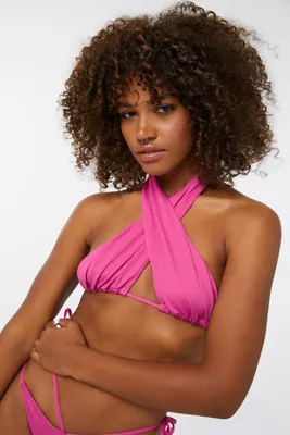 Ardene Criss Cross Halter Bikini Top in Pink | Size | Microfiber