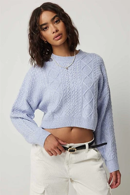 Ardene Crop Cable Knit Sweater in Light Blue | Size | 100% Recycled Polyester | Eco-Conscious