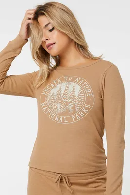 Ardene Thermal Long Sleeve T-shirt in Beige | Size Small | Polyester/Cotton