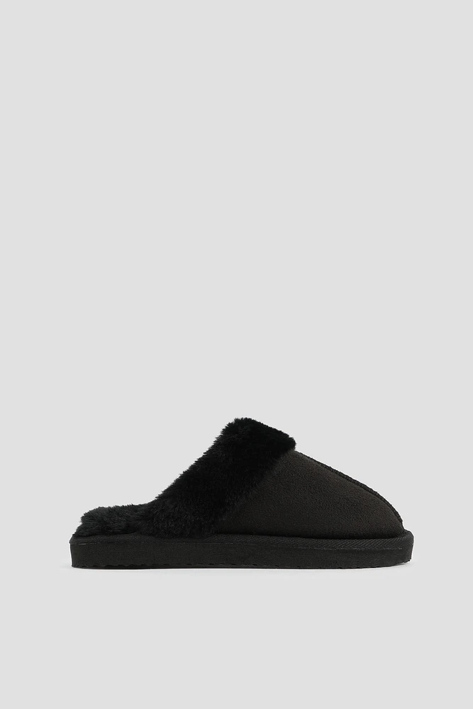 Ardene Kids Mule Slippers with Faux Fur Lining in Black | Size | Faux Suede