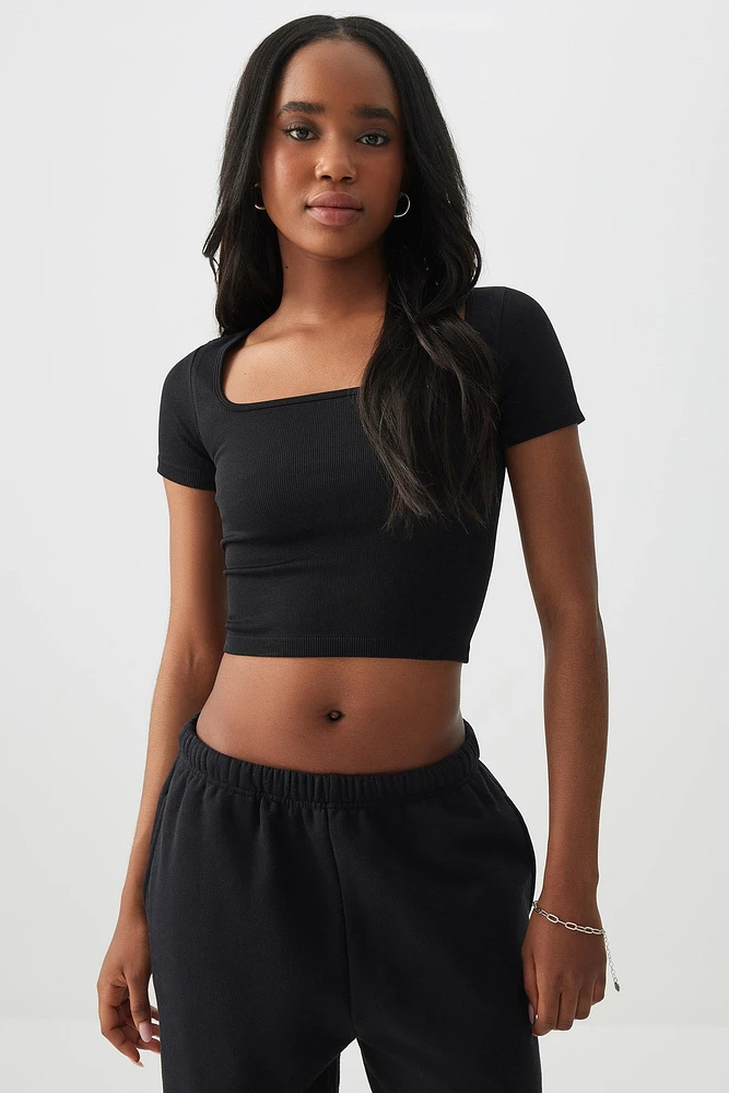 Ardene Crop Seamless Square Neck T-Shirt in Black Liquorice Twist | Size | Nylon/Spandex | Eco-Conscious