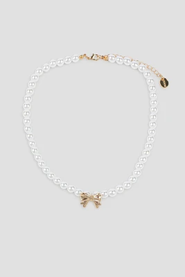 Ardene Pearl Necklace with Bow Pendant in White