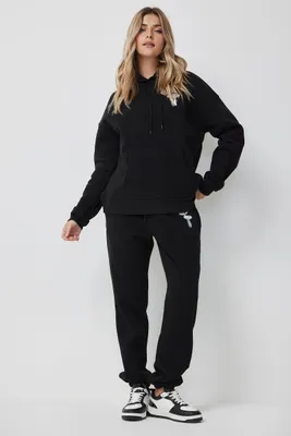 Ardene Embroidered Oversized Sweatpants in Black | Size | Polyester | Fleece-Lined