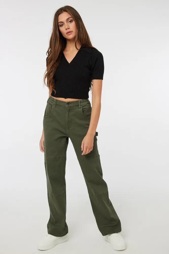 Ardene High Rise Carpenter Jeans in Dark Green, Size, Polyester/Spandex/Cotton